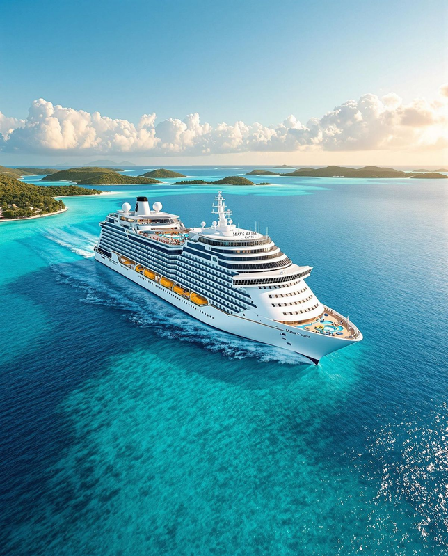 Cruise ship sailing through turquoise water