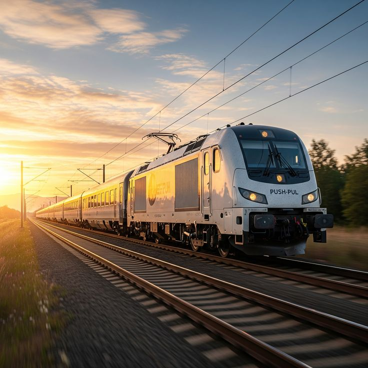 Train travelling at sunset