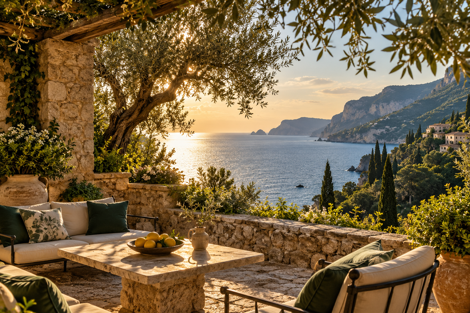 Coastal terrace overlooking the sea at sunset